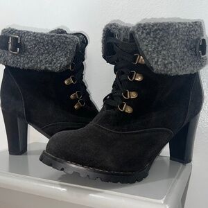 Black Lace-Up Fleece-Lined High Heeled Ankle Boots